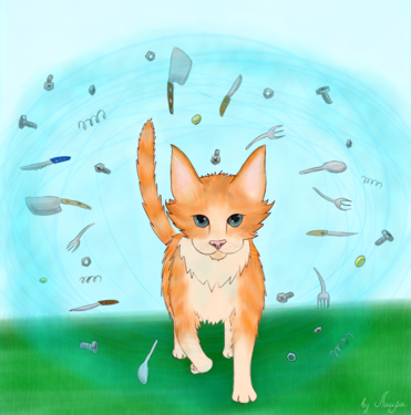 Монорельсовый Котёнок учится метать ножи и вилки